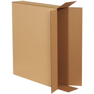 28524FOL.jpg A tall, open MH-USA 28 x 5 x 24 side-loading box with unfolded flaps stands on a white background, showcasing its corrugated texture and spacious interior. This empty box is offered in bundles of ten.