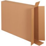 A large, open MH-USA 28 x 5 x 38 side-loading box (20/Bundle) sits against a plain white background with its flaps partially extended, appearing empty.