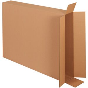 A large, open MH-USA 28 x 5 x 38 side-loading box (20/Bundle) sits against a plain white background with its flaps partially extended, appearing empty.