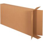 Against a white background, the MH-USA 28 x 6 x 52 side loading box is shown with partially folded flaps revealing its roomy interior. The large, rectangular cardboard box has a standard brown color, ideal for versatile use.