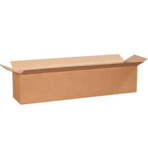 An open MH-USA 28 x 6 x 6 long corrugated box with an unmarked exterior rests against a white background, showcasing its empty interior.