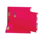 Two vibrant red Smead End Tab Fastener File Folders, one open and the other closed, with reinforced straight-cut tabs compatible with the Shelf-Master system, display color codes and barcodes. These legal-size folders bring organized flair to your office setup.