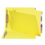 Two Smead End Tab Fastener File Folders (28940) with straight-cut tabs and interior fasteners have labels 3, 7, 4, plus a small OCT. These legal-size, yellow folders are ideal for organization, containing 2 fasteners each and come in boxes of 50.