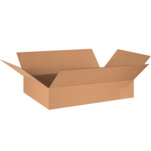 The empty brown cardboard box with flaps spread outward sits against a simple white background. Its versatile design, like the MH-USA 29 x 17 x 3 flat corrugated boxes (25/bundle), is perfect for various packaging needs and provides practical storage solutions.