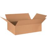 An open, empty MH-USA 29 x 17 x 7 corrugated box with flaps spread outward displays its interior space against a plain white backdrop.