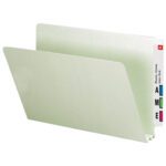 The Smead End Tab Pressboard File Folder, legal size in Gray/Green, has a straight-cut tab on the right and a spacious 2 expansion for efficient document organization.