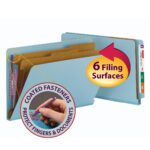 Image of the Smead End Tab Pressboard Classification File Folder with SafeSHIELD Fasteners, 2 Dividers, Legal, Blue (29781). It has color-coded sections for organized filing with right-side tabs. Circular inset shows a hand using the folders fasteners, featuring text: 6 Filing Surfaces and Coated Fasteners Protect Fingers & Documents.