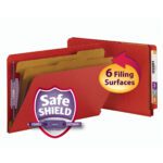 Two bright red Smead End Tab Pressboard Classification File Folders (29783) with SafeSHIELD® Fasteners and legal-size sections are displayed. Each folder includes Safe Shield and 6 Filing Surfaces, with visible tabs and 2 dividers for improved organization.
