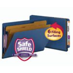 Image of a legal-size, dark blue Smead End Tab Pressboard Classification File Folder with SafeSHIELD? Fasteners and 2 dividers, featuring 6 filing surfaces. Model: 29784.