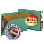 The Smead End Tab Pressboard Classification File Folder, in green with legal dimensions, includes two dividers and SafeSHIELD? fasteners to protect fingers and documents. A red and yellow circle highlights 6 Filing Surfaces, while side labels clearly display 3, 7, 5.