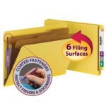 Two Smead End Tab Pressboard Classification File Folders with SafeSHIELD™ Fasteners, each featuring 2 dividers and labeled tabs, are displayed in yellow (29789). The fasteners protect fingers and documents. An arrow highlights 6 Filing Surfaces.