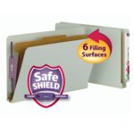 Image of a beige Smead End Tab Pressboard Classification File Folder (29800) with 1 divider, 6 filing surfaces, and SafeSHIELD Fasteners for legal documents. The burgundy and white logo reads SafeSHIELD Coated Fasteners, complementing the gray/green design.