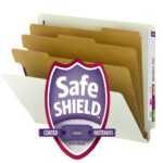 Image of a Smead End Tab Pressboard Classification File Folder, Legal, Gray/Green (29820), with SafeSHIELD? Fasteners, featuring a purple and white shield logo and patent-pending text. It includes three dividers with filing tabs for easy organization.