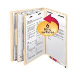 Open a Smead End Tab Classification File Folder, revealing multiple documents clipped inside. An overlay arrow highlights 6 filing surfaces, efficiently organized with its 2 dividers, ideal for legal-size papers.