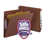 The Smead End Tab Pressboard Classification File Folder, featuring SafeSHIELD? coated fasteners and a red divider for improved organization, comes in a legal size with 2 expansion, 10 per box (29855), and includes the distinctive badge on the front.