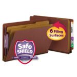 The Smead End Tab Pressboard Classification File Folder with SafeSHIELD? Fasteners, featuring two dividers and six filing surfaces, is a legal-sized folder in red (29860), ensuring quality and durability with its coated fasteners. Multicolored tabs enhance organization.
