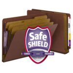 A stack of Smead End Tab Pressboard Classification File Folders with SafeSHIELD Fasteners and 3 dividers, in legal size, features red color with a prominent shield logo reading SafeSHIELD Coated Fasteners Patent Pending.