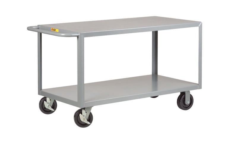The Little Giant Heavy Duty Shelf Truck is a gray metal utility cart with two shelves, four wheels, and a handle. Its simple industrial design makes it perfect for transporting items in warehouses or workplaces.