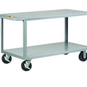 The Little Giant Heavy Duty Shelf Truck is a gray metal utility cart with two shelves, four wheels, and a handle. Its simple industrial design makes it perfect for transporting items in warehouses or workplaces.