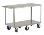 The Little Giant 6-Wheeled Heavy-Duty Shelf Truck has a two-tiered design with shelves offering ample space. Its single-handle and four black wheels ensure effortless maneuverability, combined with a sleek, industrial aesthetic perfect for storage or transport.