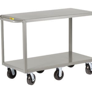 The Little Giant 6-Wheeled Heavy-Duty Shelf Truck has a two-tiered design with shelves offering ample space. Its single-handle and four black wheels ensure effortless maneuverability, combined with a sleek, industrial aesthetic perfect for storage or transport.