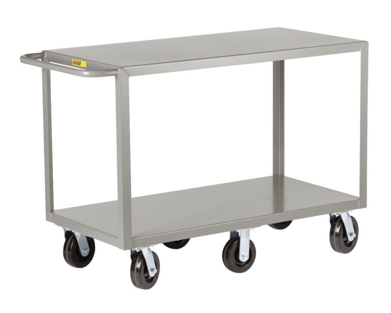 The Little Giant 6-Wheeled Heavy-Duty Shelf Truck has a two-tiered design with shelves offering ample space. Its single-handle and four black wheels ensure effortless maneuverability, combined with a sleek, industrial aesthetic perfect for storage or transport.
