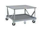 The Little Giant Fixed Height Mobile Pallet Stand is a gray industrial cart with a flat top and lower shelf, reinforced by metal braces. Its four swiveling caster wheels and sturdy metallic structure make it perfect for moving heavy items effortlessly.