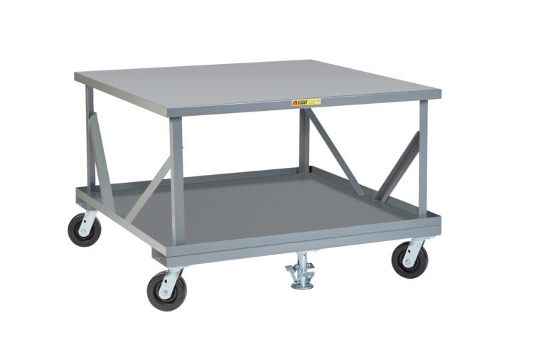 The Little Giant Fixed Height Mobile Pallet Stand is a gray industrial cart with a flat top and lower shelf, reinforced by metal braces. Its four swiveling caster wheels and sturdy metallic structure make it perfect for moving heavy items effortlessly.