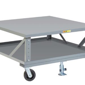 The Little Giant Ergonomic Adjustable Height Mobile Pallet Stand with Lower Deck is a gray metal platform cart featuring a flat surface, sturdy frame, and four wheels (two lockable) for transporting heavy items, with angled supports providing enhanced stability.