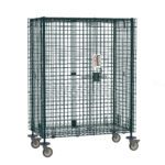The Metro SEC55VK3PL Super Erecta Mobile Security Shelving Unit is a metal mesh cage on castor wheels, measuring 27.25 x 52.75 x 68.4375, finished in Metroseal Green Epoxy, with a lockable door featuring an electronic PIN lock and a label for easy identification.