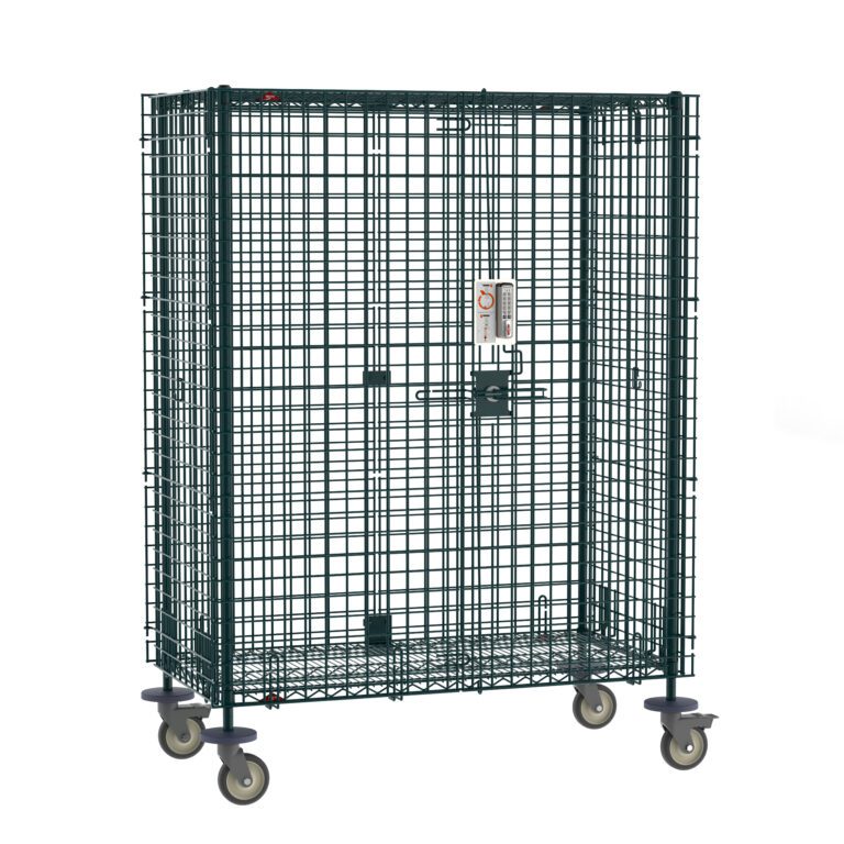 The Metro SEC55VK3PL Super Erecta Mobile Security Shelving Unit is a metal mesh cage on castor wheels, measuring 27.25 x 52.75 x 68.4375, finished in Metroseal Green Epoxy, with a lockable door featuring an electronic PIN lock and a label for easy identification.