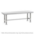 A stainless steel work table with adjustable legs and a lower support bar, ideal for cleanroom contamination control. It resembles the Eagle Clean Room Gowning Bench. Note: Actual dimensions may vary from product shown.