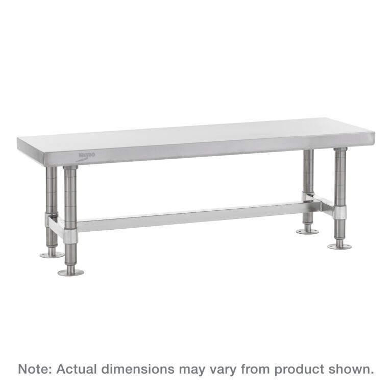 A stainless steel work table with adjustable legs and a lower support bar, ideal for cleanroom contamination control. It resembles the Eagle Clean Room Gowning Bench. Note: Actual dimensions may vary from product shown.