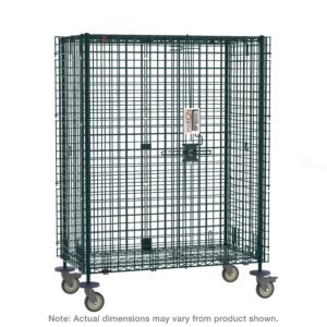 The Metro SEC53VK3PL Super Erecta Mobile Security Shelving Unit, measuring 27.25 x 40.75 x 68.4375, is a robust black metal cage on wheels with an electronic PIN lock and a durable Metroseal Green Epoxy finish for secure storage.