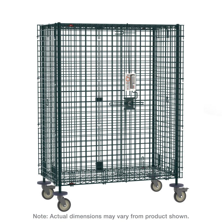 The Metro SEC53VK3PL Super Erecta Mobile Security Shelving Unit, measuring 27.25 x 40.75 x 68.4375, is a robust black metal cage on wheels with an electronic PIN lock and a durable Metroseal Green Epoxy finish for secure storage.