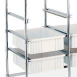 The Metro S3C Combination Single Slide for Metro Tote Racks includes a metal shelving unit with four vertically stacked open, white plastic bins that fit between metal rod-framed shelves against a white background.
