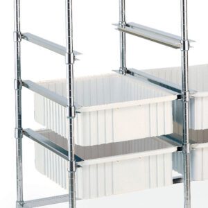 The Metro S3C Combination Single Slide for Metro Tote Racks includes a metal shelving unit with four vertically stacked open, white plastic bins that fit between metal rod-framed shelves against a white background.