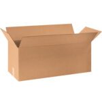 An open brown MH-USA 30 x 10 x 10 long corrugated box with upright flaps is placed on a plain white background, photographed from a slight angle to showcase its depth and structure.