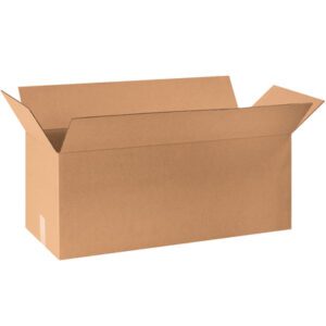An open brown MH-USA 30 x 10 x 10 long corrugated box with upright flaps is placed on a plain white background, photographed from a slight angle to showcase its depth and structure.