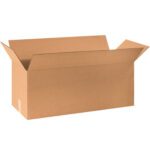 An open MH-USA 30 x 12 x 12 long corrugated box, easily identifiable by its outward flaps, rests on a plain white background.
