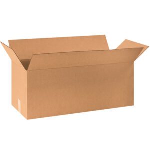 An open MH-USA 30 x 12 x 12 long corrugated box, easily identifiable by its outward flaps, rests on a plain white background.