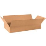 A plain, open rectangular cardboard box with flaps outstretched sits on a white background. The MH-USA corrugated box, sized at 30 x 12 x 4 inches, is known for its strength and versatility in packaging and comes bundled in sets of 25.