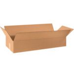 An open, large, plain brown cardboard box with flaps extended outward, reminiscent of the MH-USA 30 x 12 x 6 Flat Corrugated Boxes (25/Bundle), sits unused against a pristine white background.