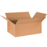 A cardboard box from the MH-USA 30 x 20 x 12 Corrugated Boxes (15/Bundle) set is open with flaps outstretched on a clean white backdrop.