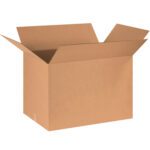 An empty MH-USA 30 x 20 x 20 corrugated box with raised flaps stands against a white background, highlighting its spaciousness and versatility.