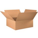 The MH-USA 30 x 30 x 12 Corrugated Boxes (10/Bundle) sit open with sturdy flaps against a plain white backdrop, highlighting their durability and spaciousness.
