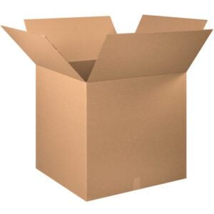 The MH-USA 30 x 30 x 30 corrugated box, light brown and new, stands open with flaps folded outward on a plain white background, ideal for organizing or shipping needs. Available in bundles of five.