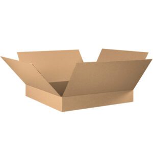 The open cardboard box, embodying the MH-USA 30 x 30 x 6 Flat Corrugated design, has high sides and flaring flaps at each corner. Resting on a white background, it highlights its versatility for packaging needs.