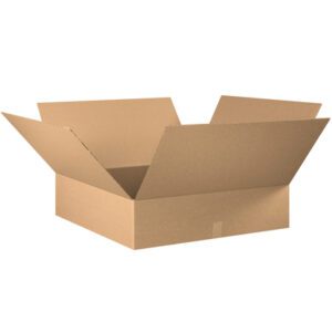 The MH-USA 30 x 30 x 8 flat corrugated box, with open flaps, casts a slight shadow on a plain white background, highlighting its robust structure. Sold in bundles of 10.