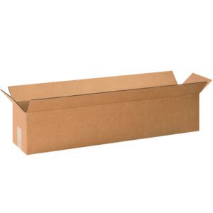 An empty MH-USA 30 x 6 x 6 Long Corrugated Box from a bundle of 25 stands on a white background, its brown color and geometric shape highlighted by partially open top flaps.